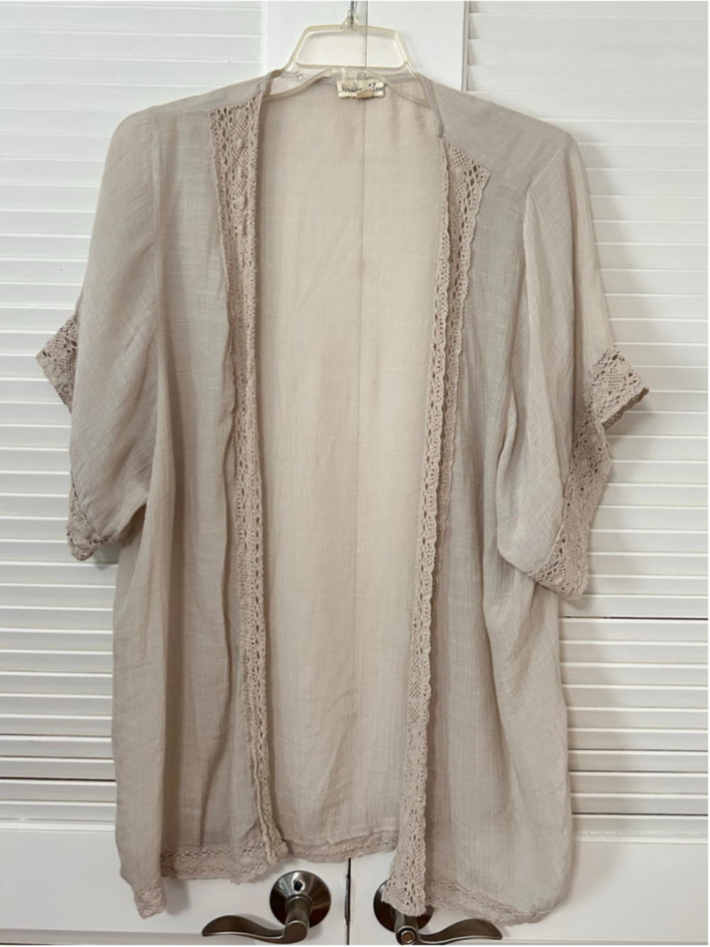 Indigo Rose Kimono Large Beige Crochet Lace Open Front Boho Cover Up